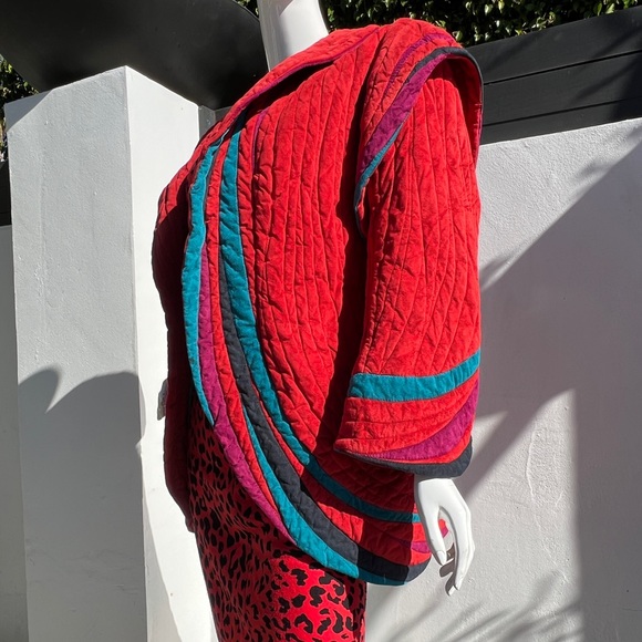 80s Bob Mackie Red Quilt Suede Jacket - Picture 9 of 14